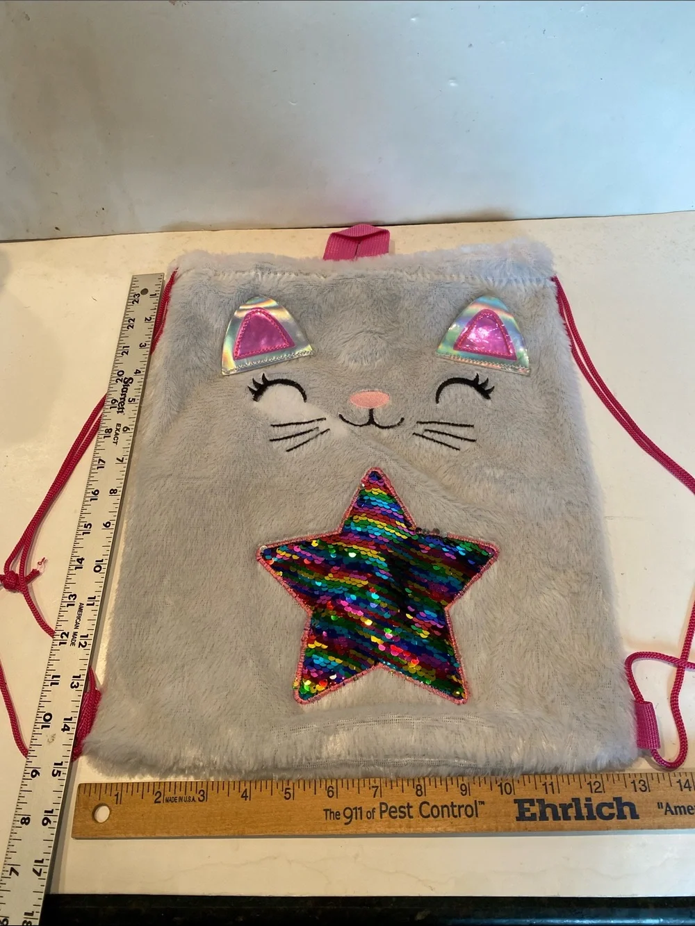 White Faux Fur Kitten Drawstring Backpack